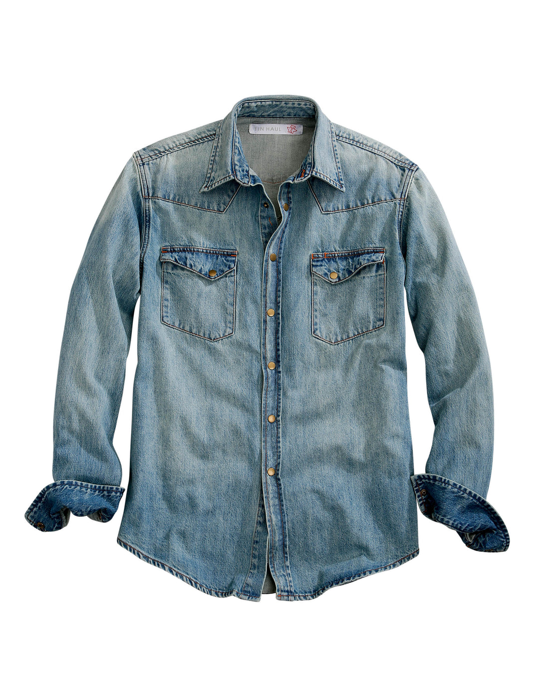 MENS LIGHT BLUE WESTERN DENIM LONG SLEEVE SNAP SHIRT WITH ASYMMETRICAL POCKETS FLAPS
