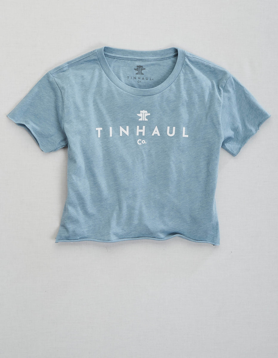 WOMENS LONG SLEEVE KNIT TIN HAUL LOGO CROP TOP SCREEN PRINT SHIRT Tin