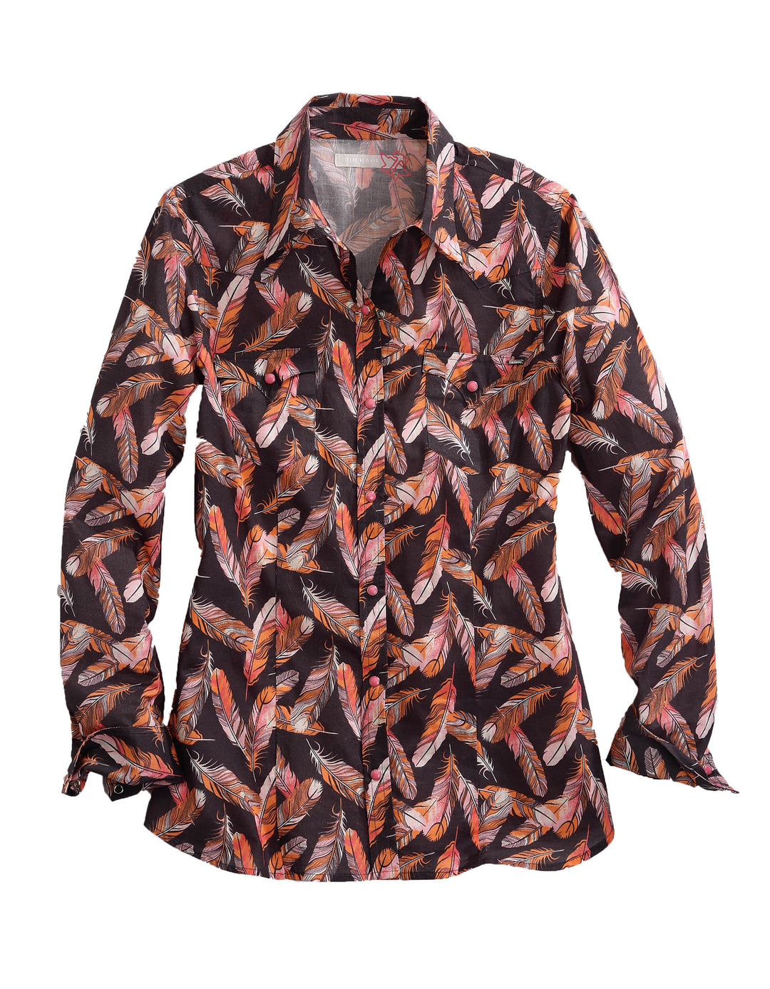 WOMENS LONG SLEEVE SNAP GRAY FEATHER PRINT WESTERN SHIRT