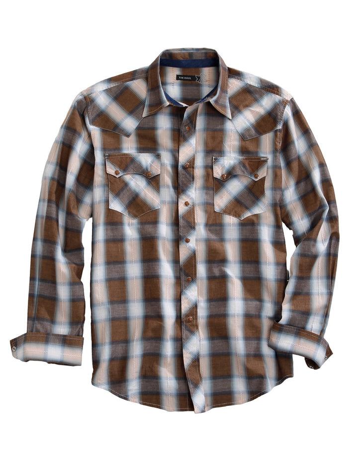 MENS LONG SLEEVE SNAP SADDLE DOBBY PLAID WESTERN SHIRT