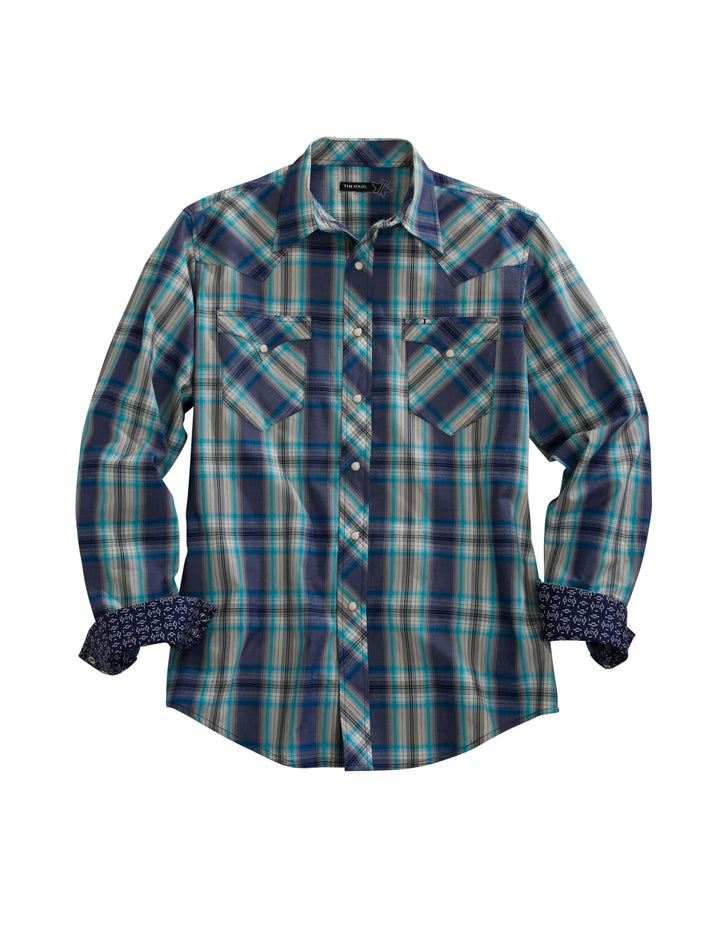 MENS BLUE GRID PLAID LONG SLEEVE SNAP SHIRT