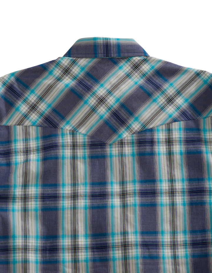MENS BLUE GRID PLAID LONG SLEEVE SNAP SHIRT