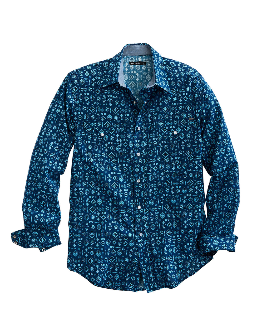 MENS LONG SLEEVE SNAP INDIGO AZTEC PRINT WESTERN SHIRT