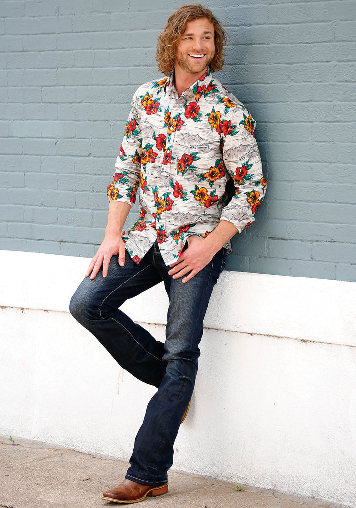 MENS LONG SLEEVE SNAP LANDSCAPE TROPICAL WESTERN SHIRT