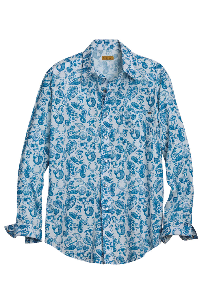 Mens Tin Haul Nautical Print Long Sleeve Snap Shirt