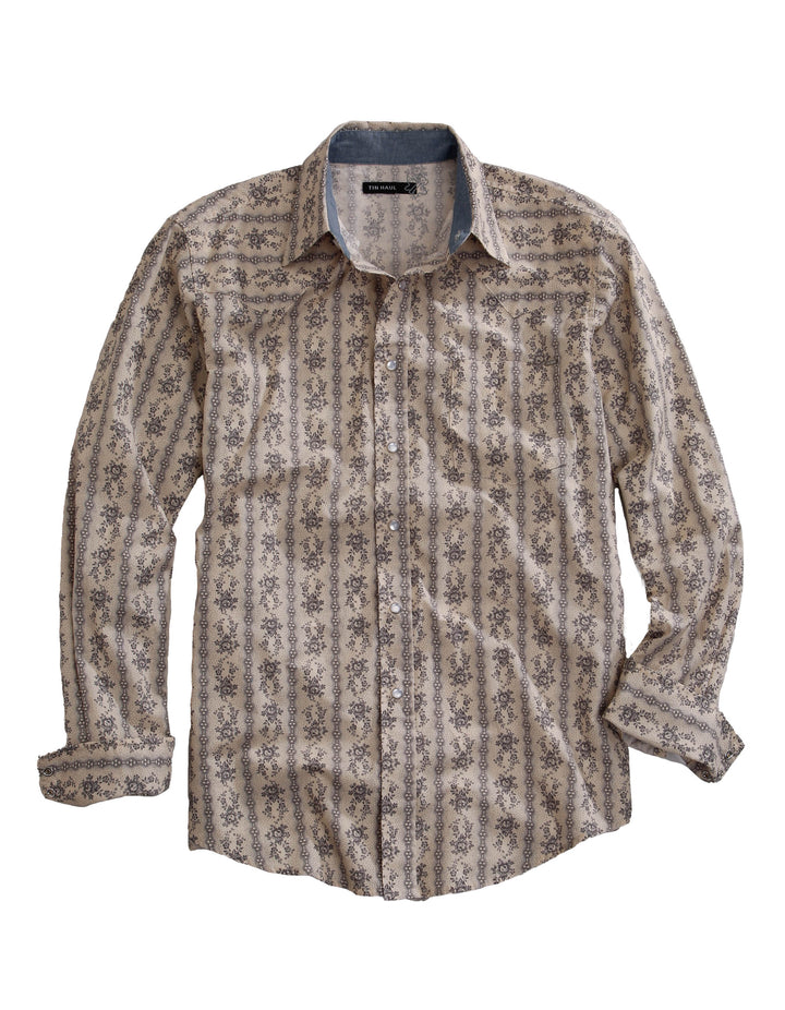 MENS LONG SLEEVE SNAP FRONTIER WALLPAPER STRIPE WESTERN SHIRT