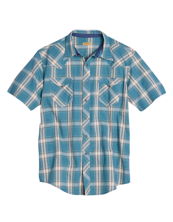 MENS SHORT SLEEVE SNAP WINDOWPANE DOBBY WESTERN SHIRT