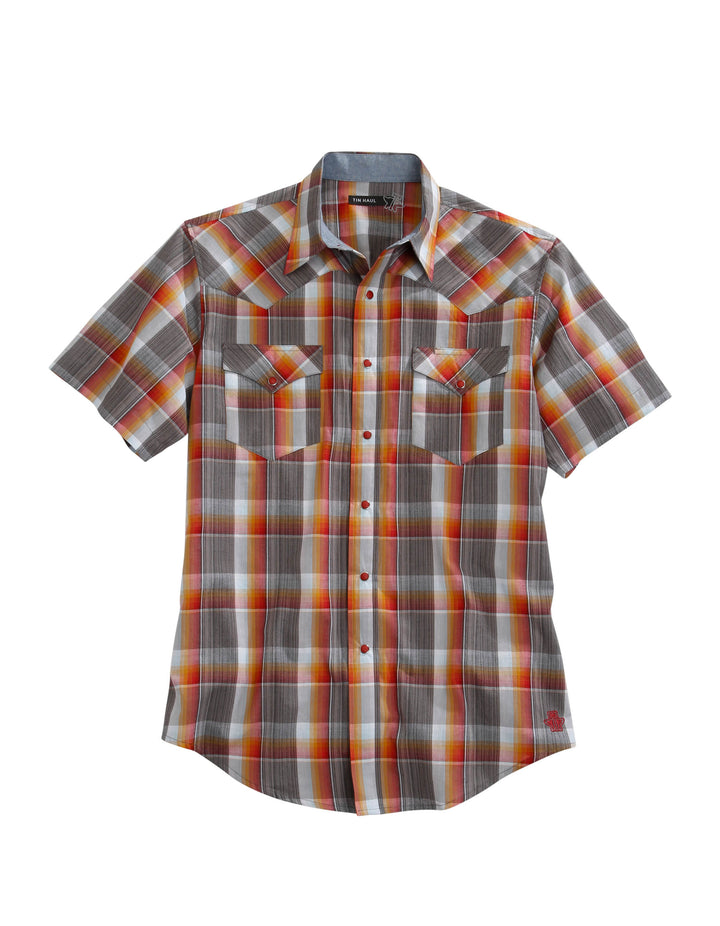 MENS RUSTY PLAID SHORT SLEEVE WESTERN SNAP SHIRT