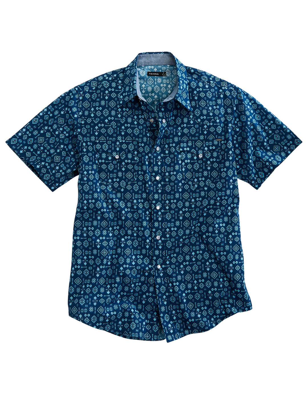 MENS SHORT SLEEVE SNAP INDIGO AZTEC PRINT WESTERN SHIRT