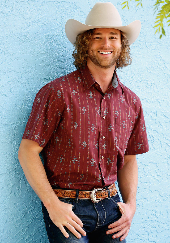 MENS SHORT SLEEVE SNAP ARROW AZTEC STRIPE WESTERN SHIRT