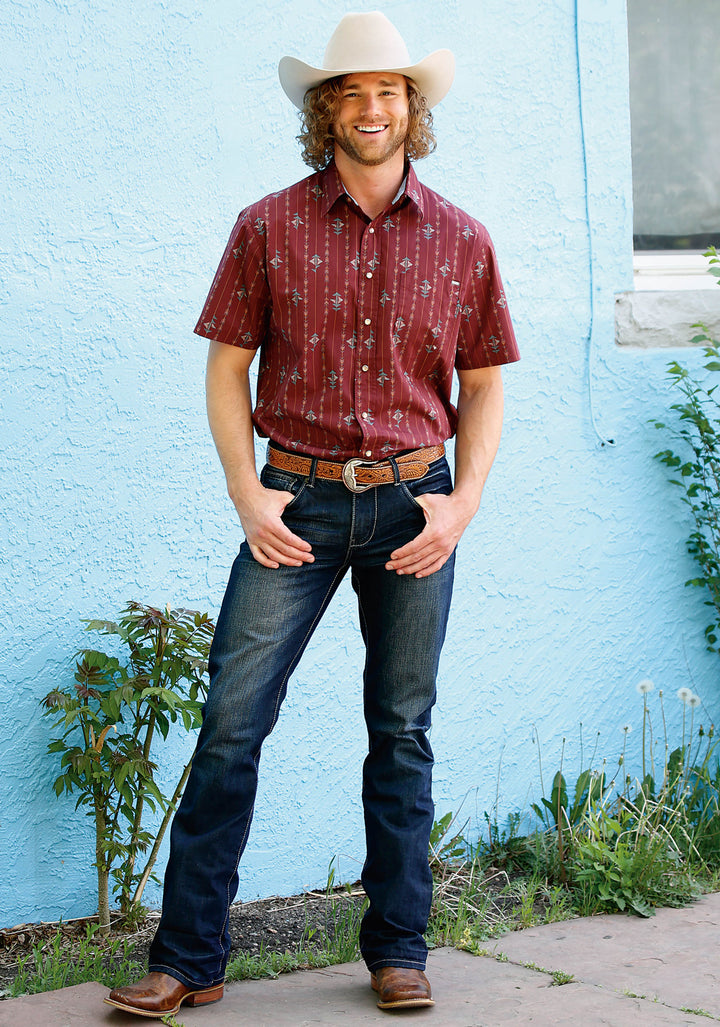 MENS SHORT SLEEVE SNAP ARROW AZTEC STRIPE WESTERN SHIRT