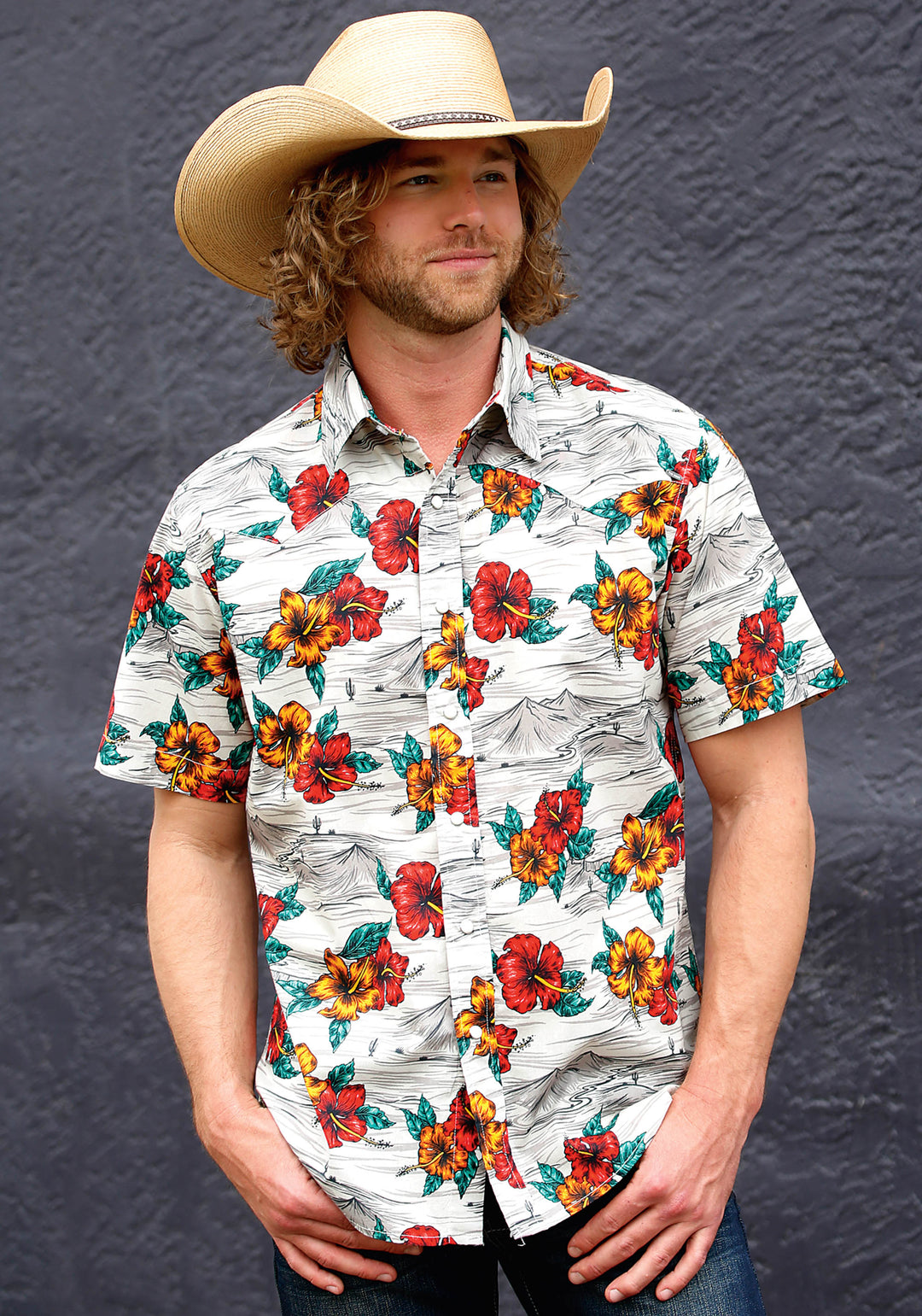 Mens Short Sleeve SNAP Landscape Tropical Western Shirt L