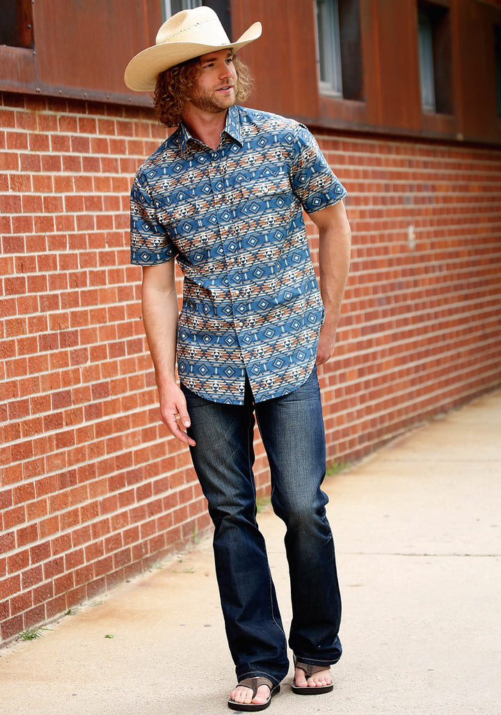 MENS SHORT SLEEVE SNAP BLUE AZTEC SERAPE WESTERN SHIRT