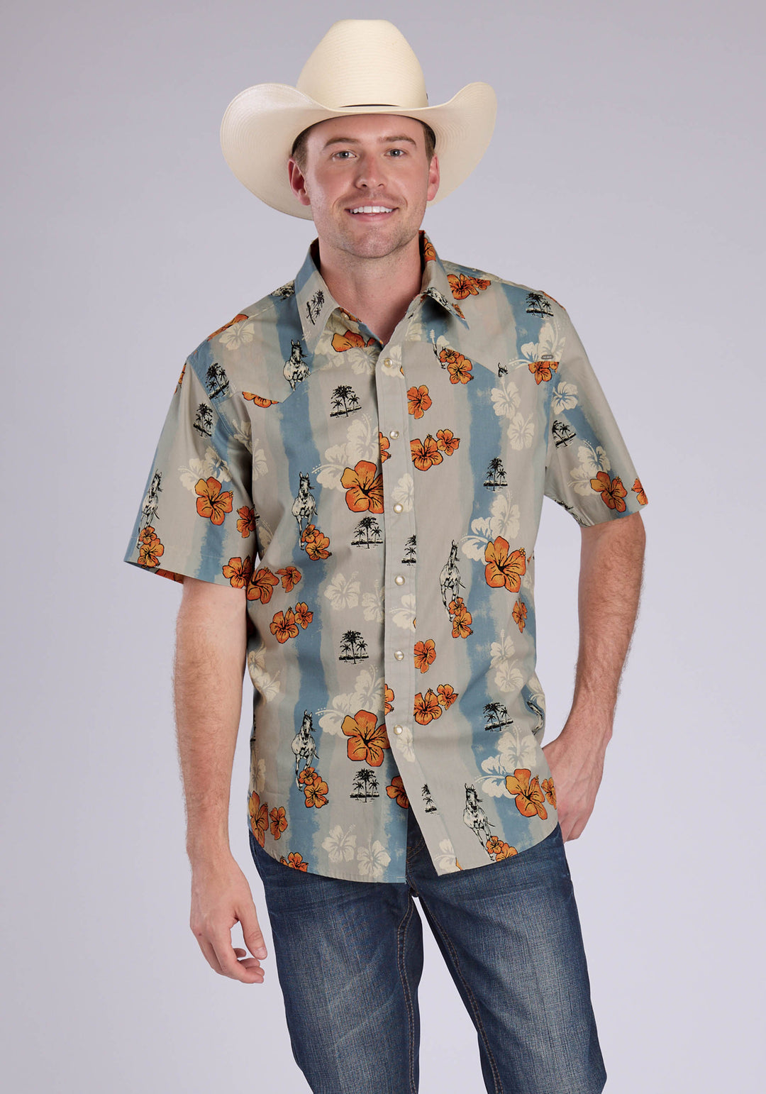 MENS VINTAGE TRIPICAL SHORT SLEEVE SNAP WESTERN SHIRT