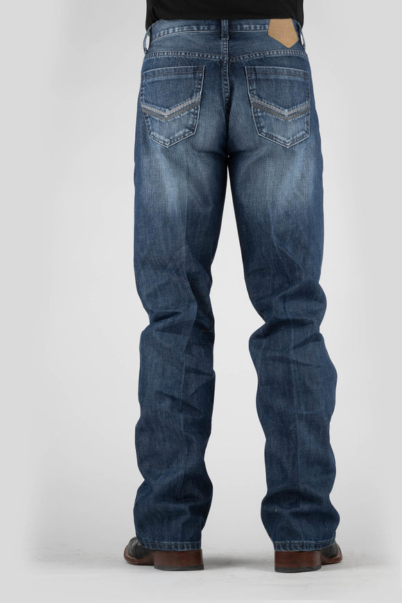 MENS BLUE AND GREY V DECO BACK PKT JEANS