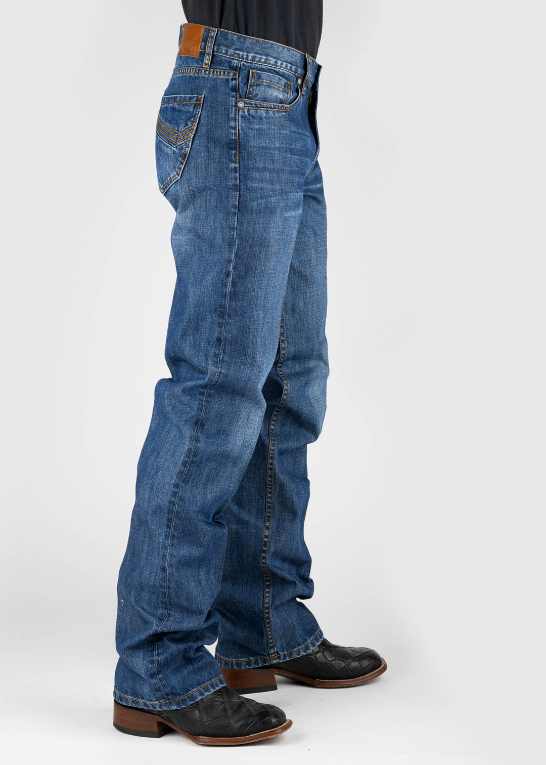 MENS ANGLE EMBROIDERED BACK POCKET MEDIUM WASH BUTTON JEANS