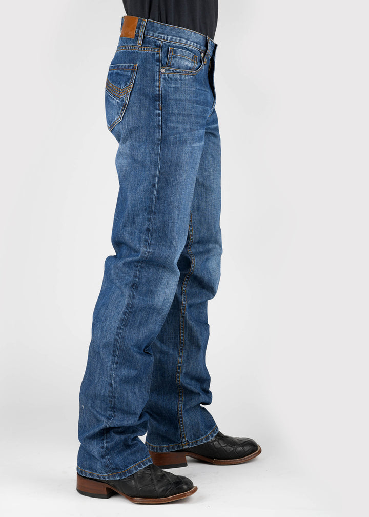 MENS ANGLE EMBROIDERED BACK POCKET MEDIUM WASH BUTTON JEANS