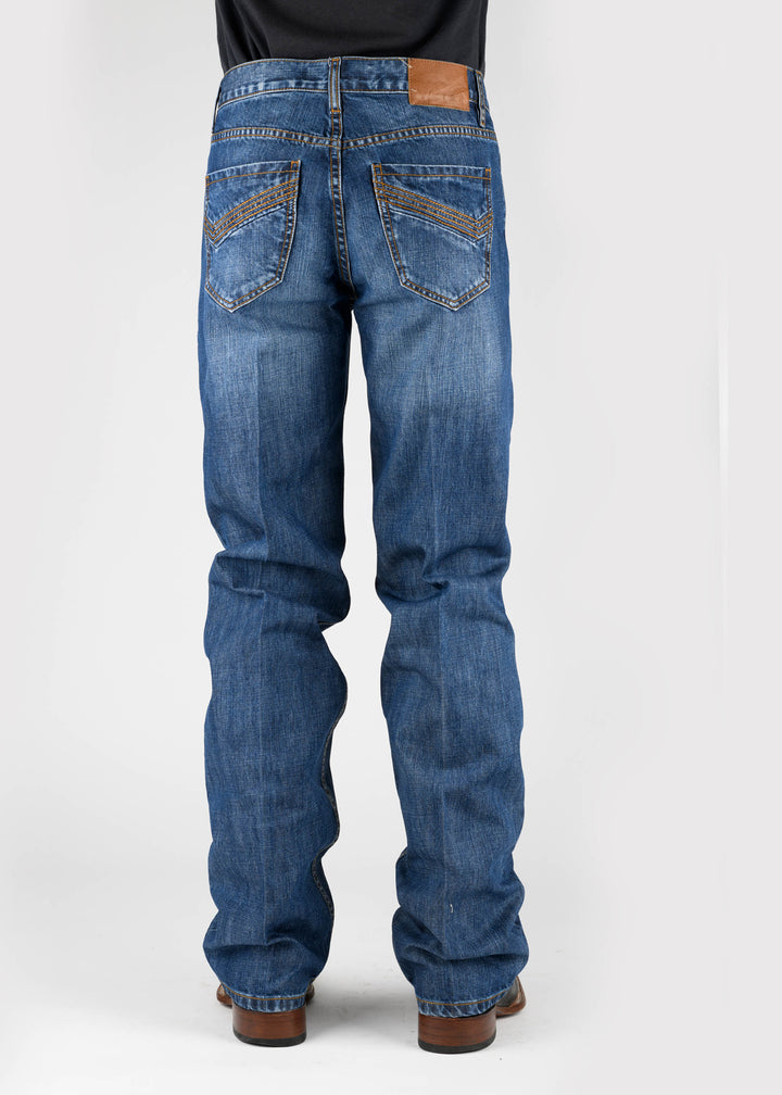 MENS ANGLE EMBROIDERED BACK POCKET MEDIUM WASH BUTTON JEANS