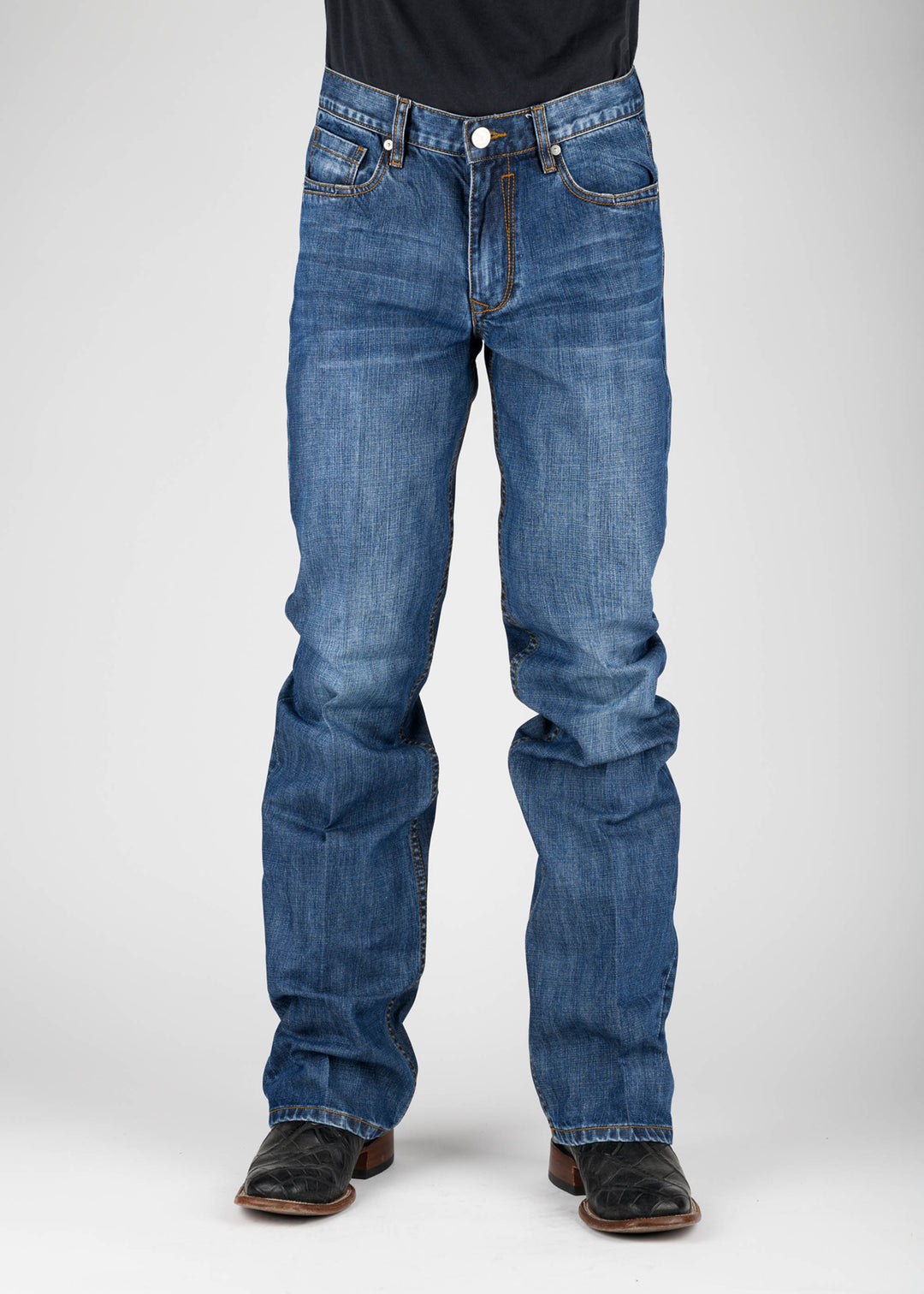 MENS ANGLE EMBROIDERED BACK POCKET MEDIUM WASH BUTTON JEANS