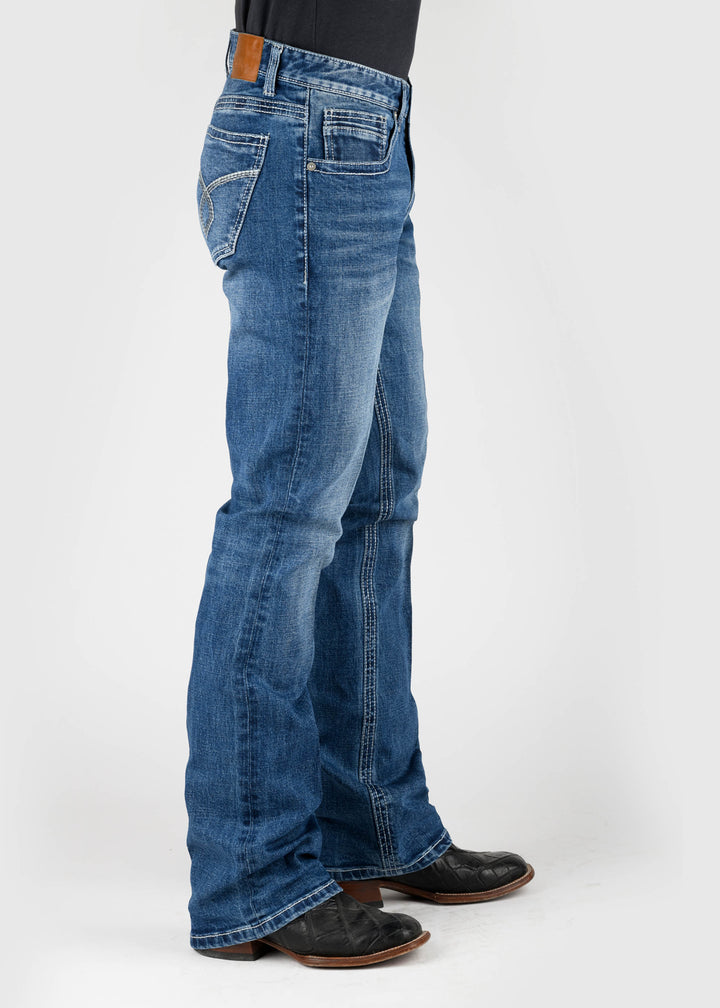 MENS DIAMOND EMB BACK POCKET MEDIUM WASH JEANS BUTTON JEA
