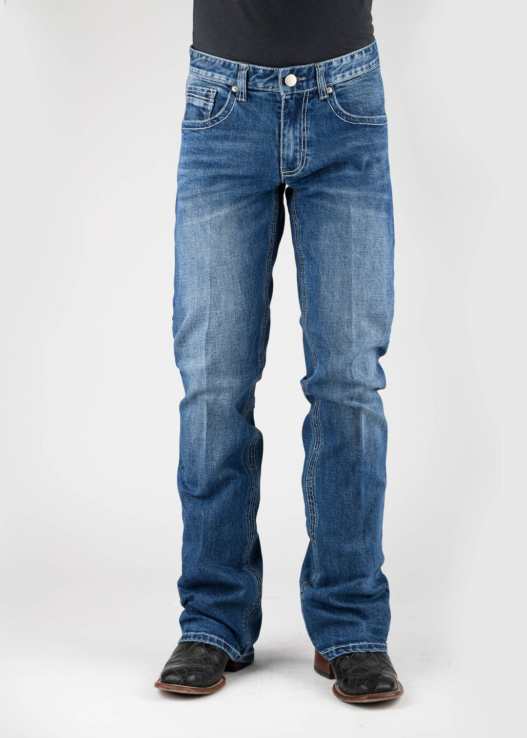 MENS DIAMOND EMB BACK POCKET MEDIUM WASH JEANS BUTTON JEA