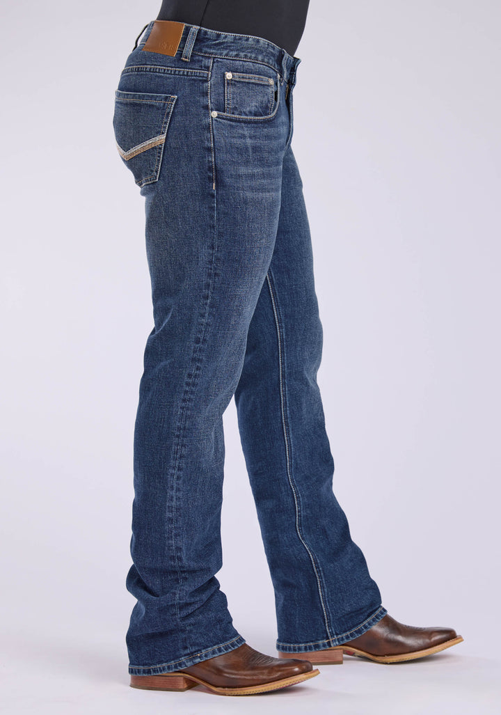 MENS 2 TONE EMBROIDERED "V" BACK POCKET BUTTON JEANS