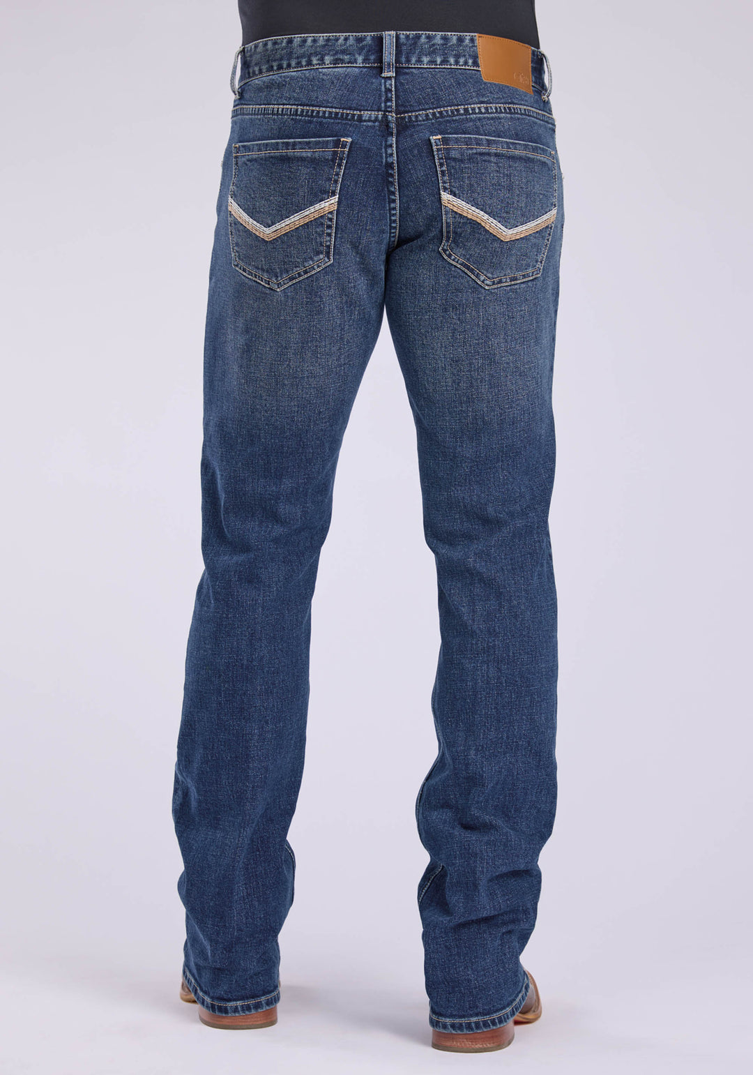 MENS 2 TONE EMBROIDERED "V" BACK POCKET BUTTON JEANS