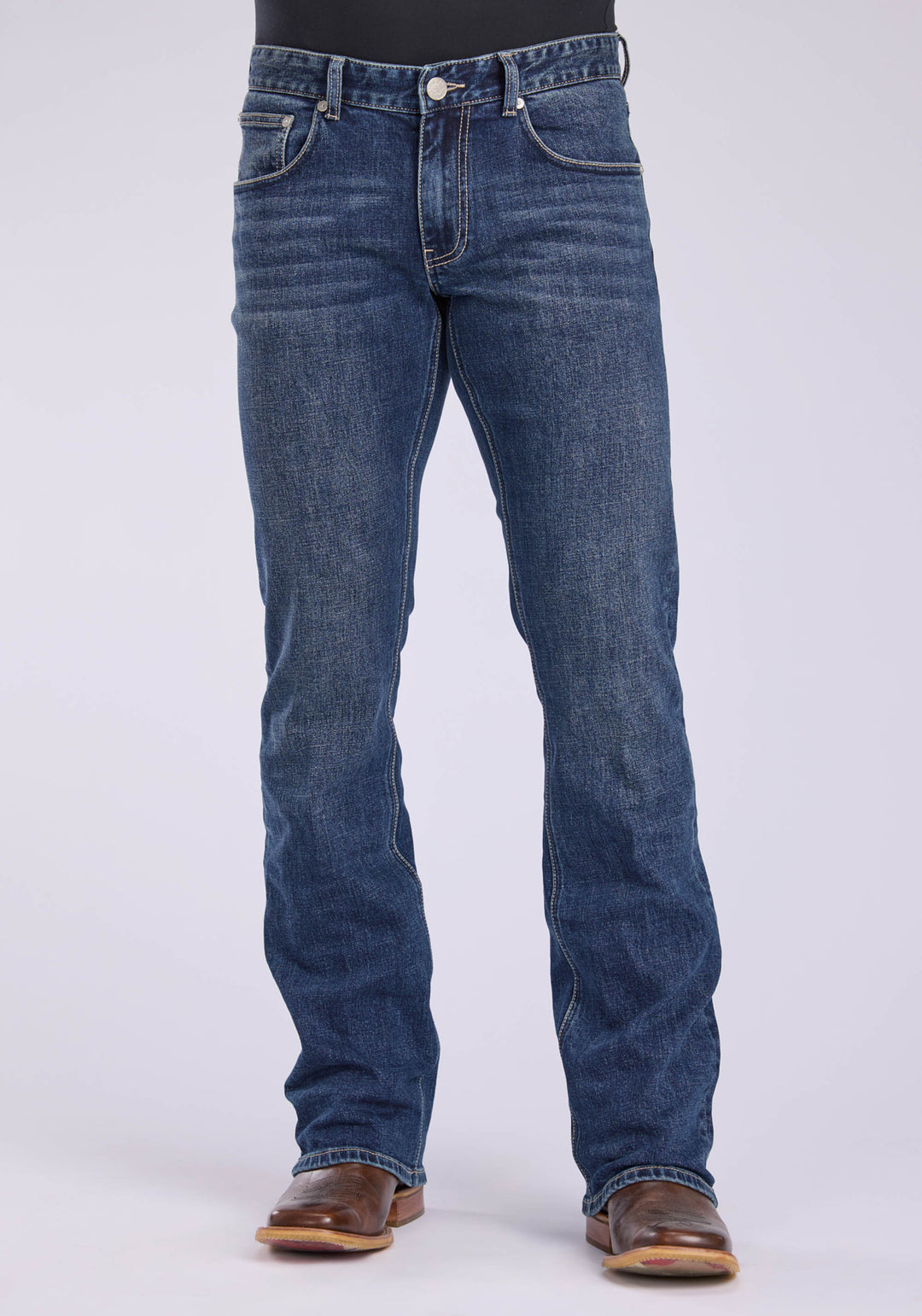 MENS 2 TONE EMBROIDERED "V" BACK POCKET BUTTON JEANS