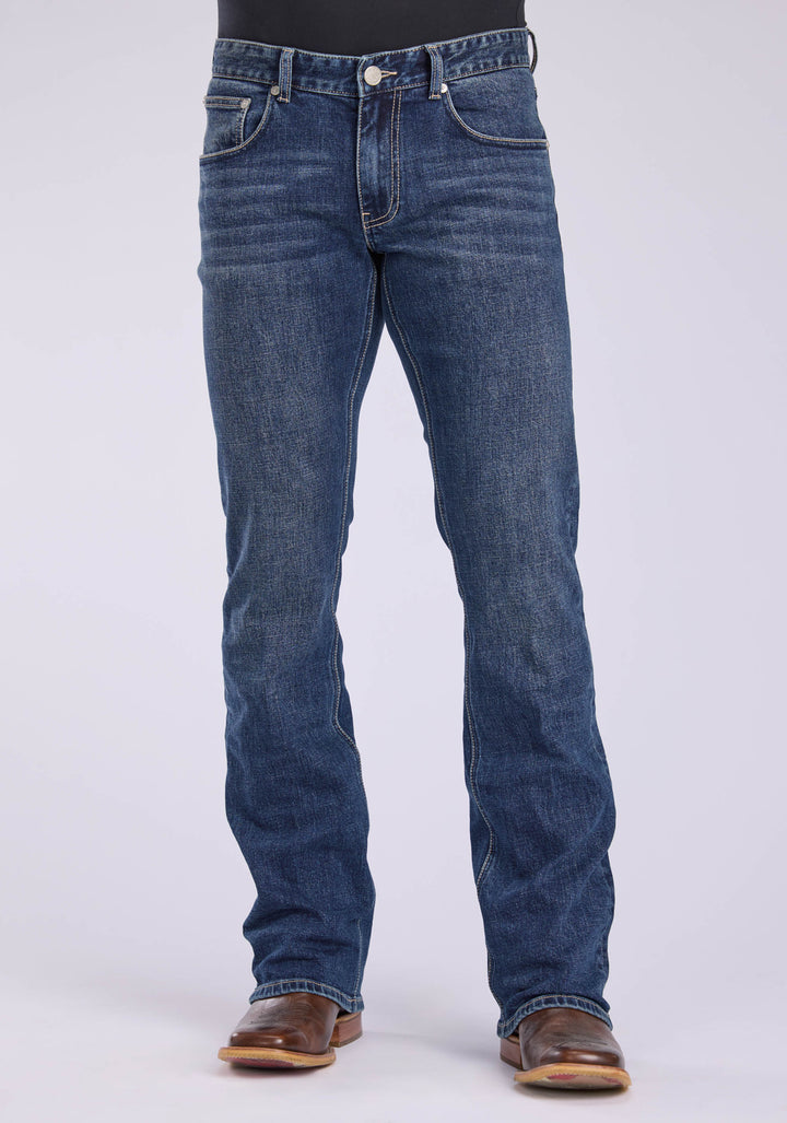 MENS 2 TONE EMBROIDERED "V" BACK POCKET BUTTON JEANS