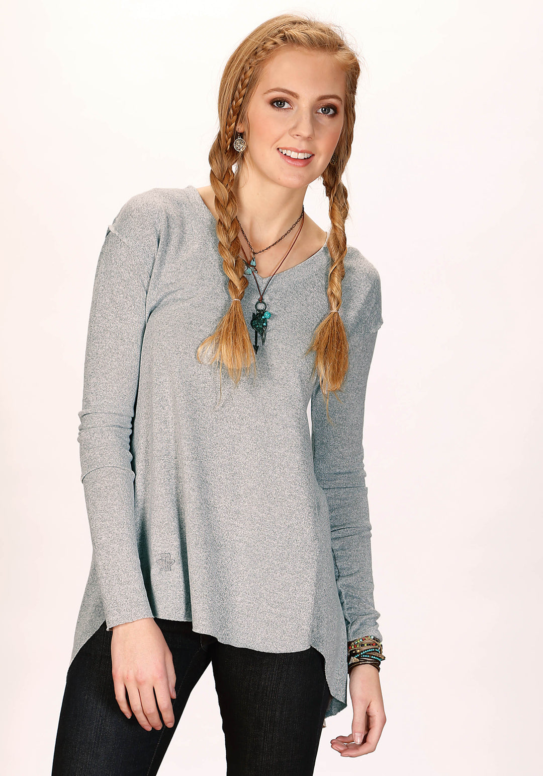 WOMENS LONG SLEEVE PULLOVER MELANGE GREY SWEATER JERSEY T SHIRT WITH THREE QUARTER SLEEVES SPLIT OPEN BACK