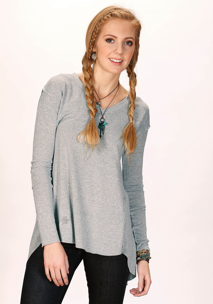 WOMENS LONG SLEEVE PULLOVER MELANGE GREY SWEATER JERSEY T SHIRT WITH THREE QUARTER SLEEVES SPLIT OPEN BACK