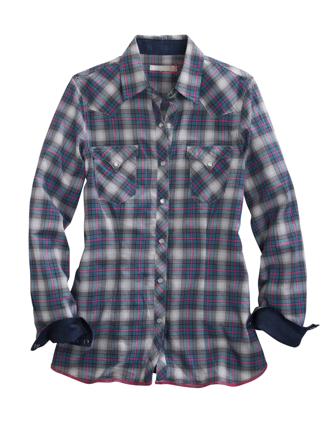 WOMENS STAR OMBRE PLAID LONG SLEEVE SNAP SHIRT