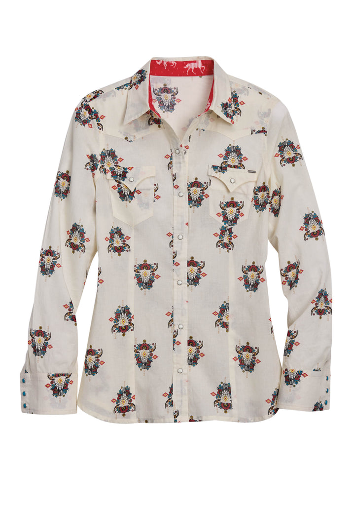 Womens Tin Haul Longhorns Print Western Long Sleeve Shirt