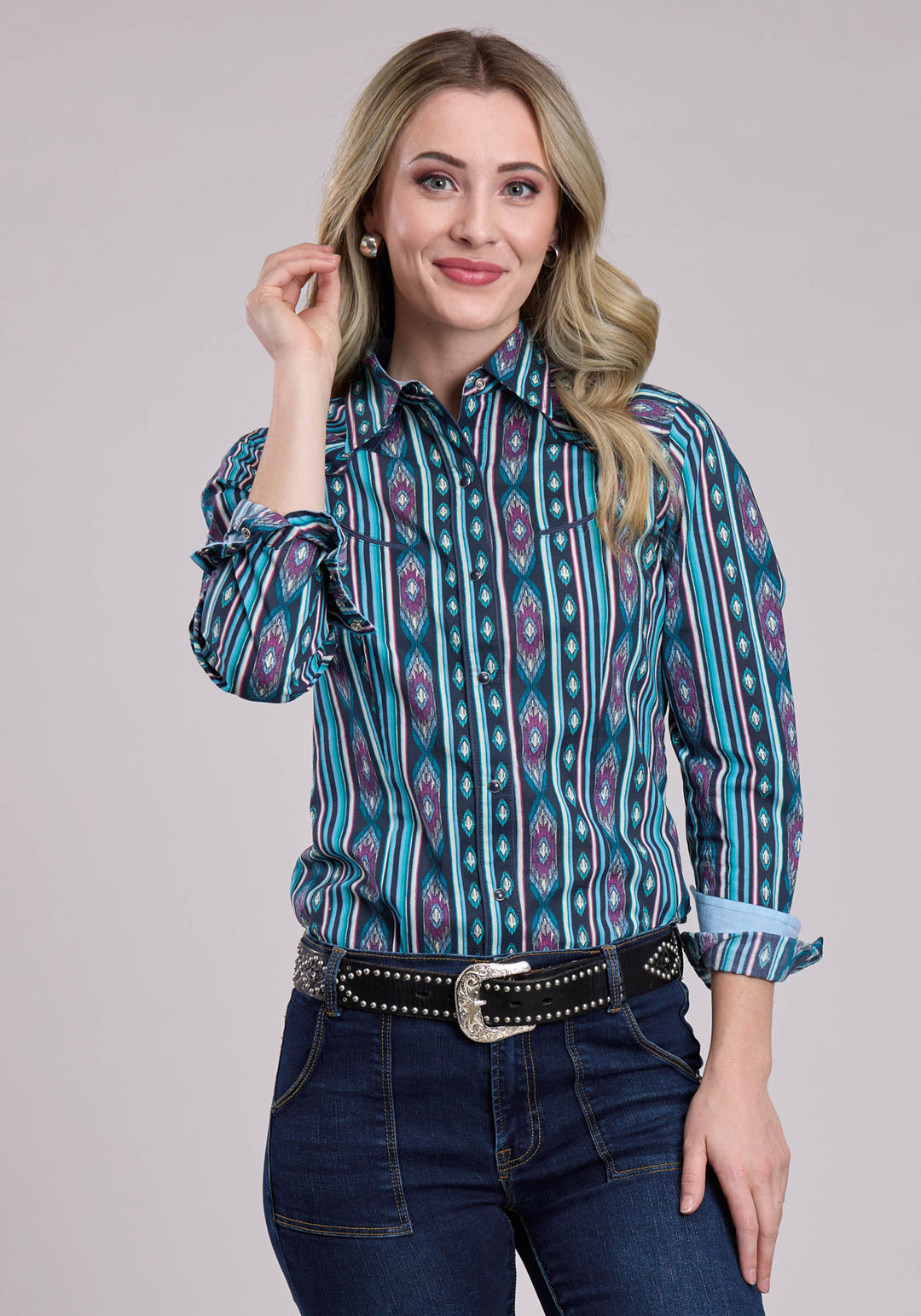 WOMENS LONG SLEEVE SNAP VERTICAL AZTEC STRIPE WESTERN SHIRT