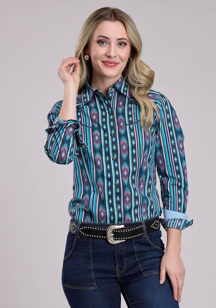 WOMENS LONG SLEEVE SNAP VERTICAL AZTEC STRIPE WESTERN SHIRT