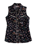 WOMENS SLEEVELESS SNAP ABOUT THE WEST PRINT WESTERN SHIRT