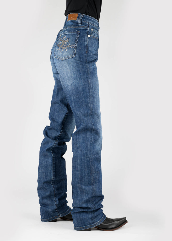 WOMENS DOUBLE HORSESHOE EMB ON BACK POCKET BUTTON JEANS