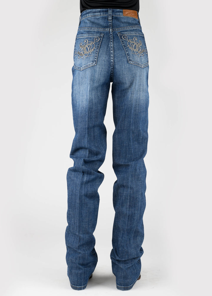 WOMENS DOUBLE HORSESHOE EMB ON BACK POCKET BUTTON JEANS