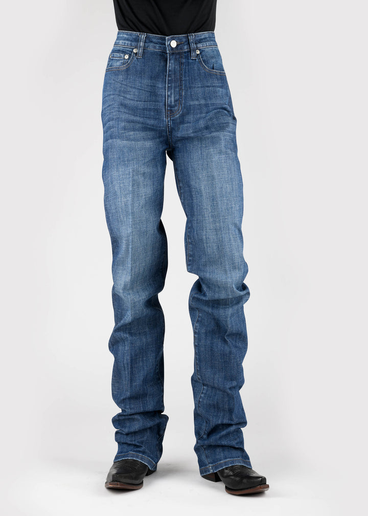 WOMENS DOUBLE HORSESHOE EMB ON BACK POCKET BUTTON JEANS