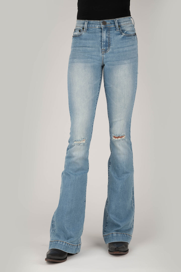 WOMENS HEAVY DESTRUCTION HIGH RISE FLARE JEANS