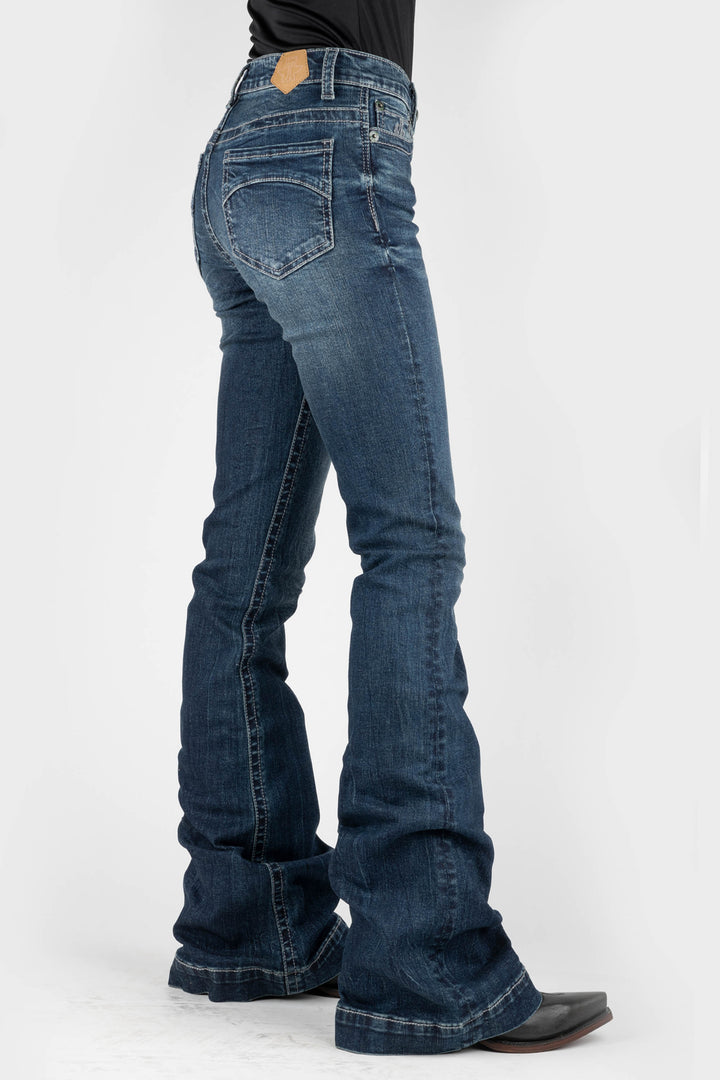 WOMENS HALF MOON PIECED BACK POCKET DECO JEANS