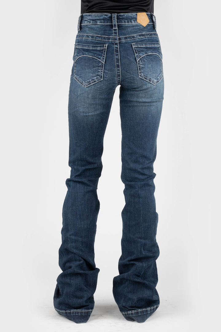 WOMENS HALF MOON PIECED BACK POCKET DECO JEANS
