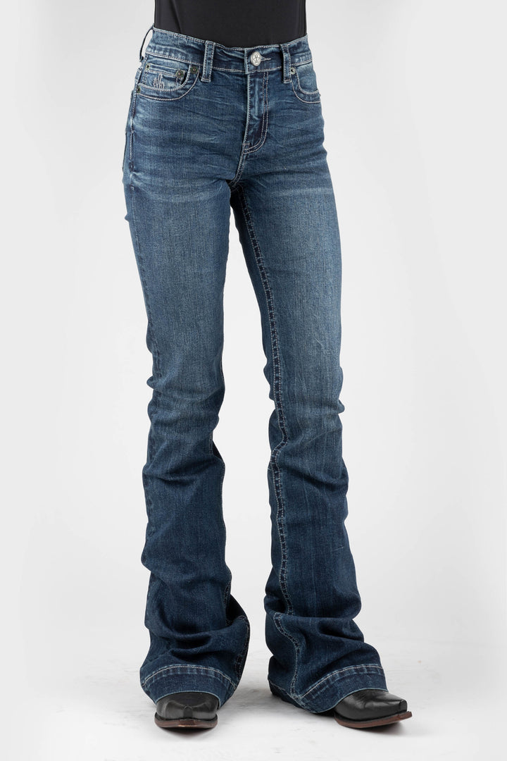 WOMENS HALF MOON PIECED BACK POCKET DECO JEANS