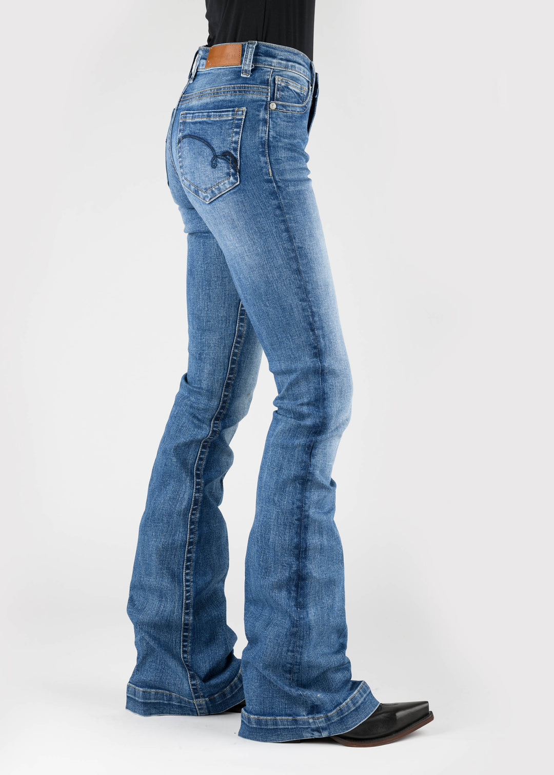 WOMENS NAVY TAN EMB BACK POCKET DECO BUTTON JEANS