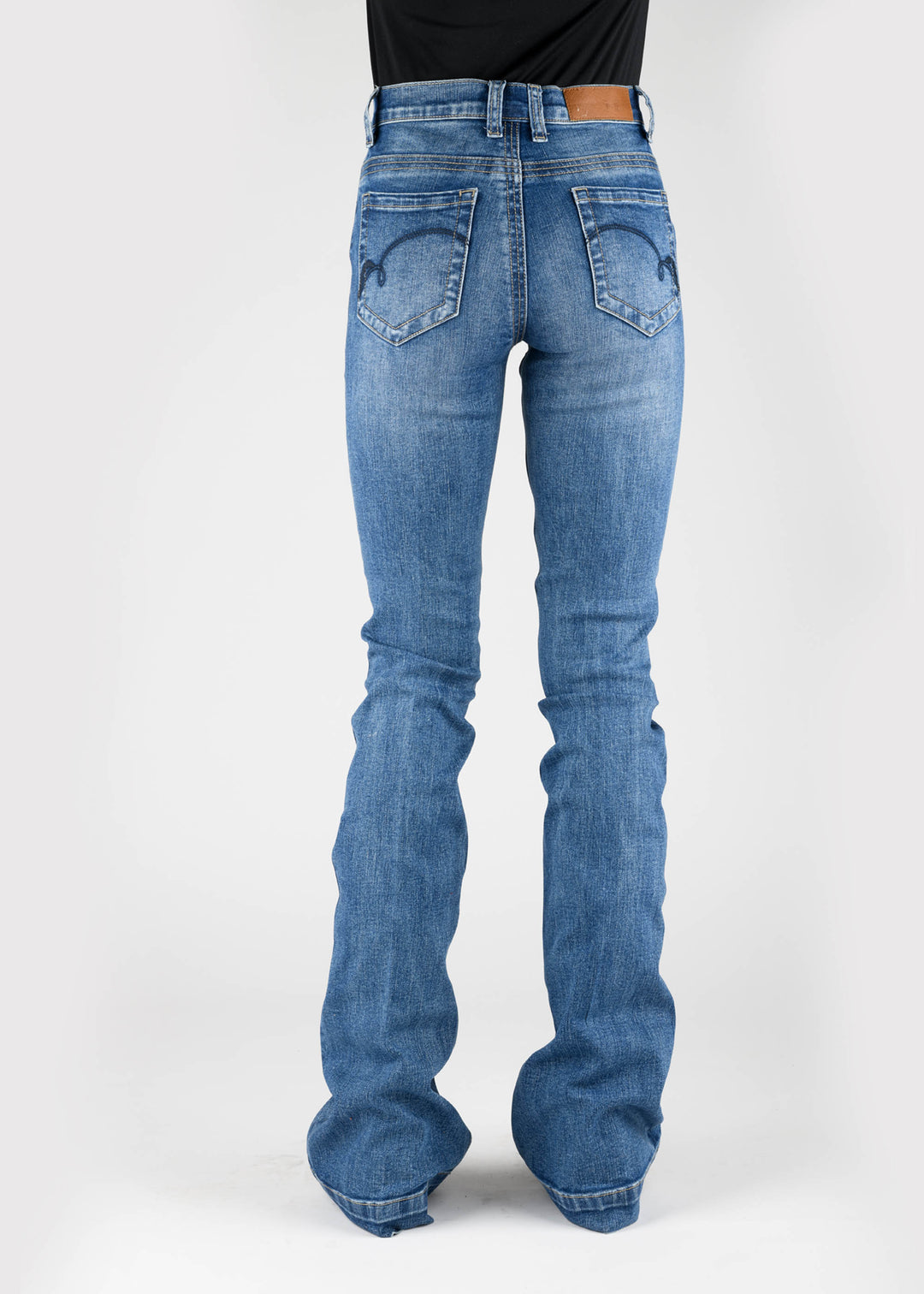 WOMENS NAVY TAN EMB BACK POCKET DECO BUTTON JEANS
