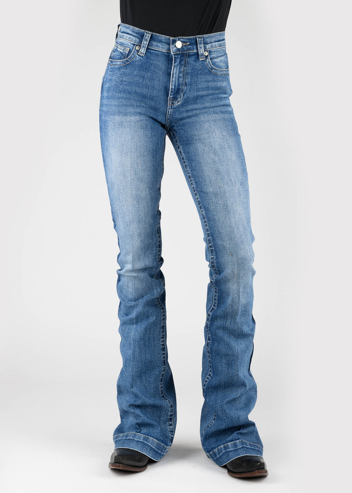 WOMENS NAVY TAN EMB BACK POCKET DECO BUTTON JEANS