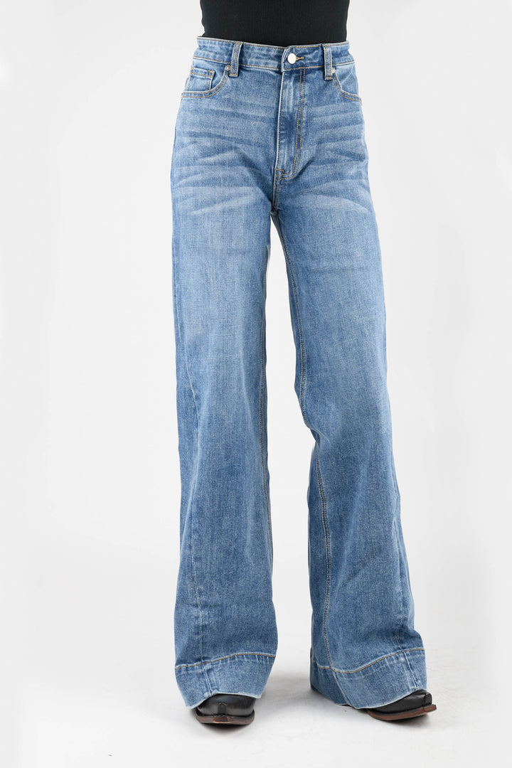 WOMENS ANGLED SIDE SEAM PLAIN BACK POCKET BUTTON JEANS