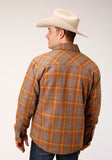 MENS SNAP ORANGE BROWN MULTI PLAID SHERPA LINED COAT SHIRT JACKET