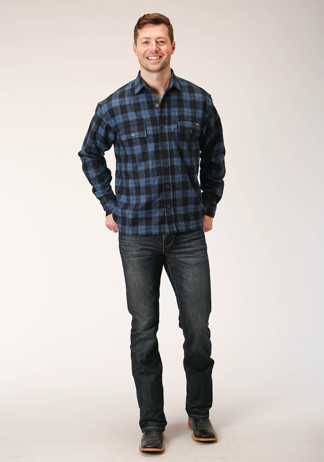 MENS SNAP BLUE PLAID WOOL BLEND SHIRT JACKET