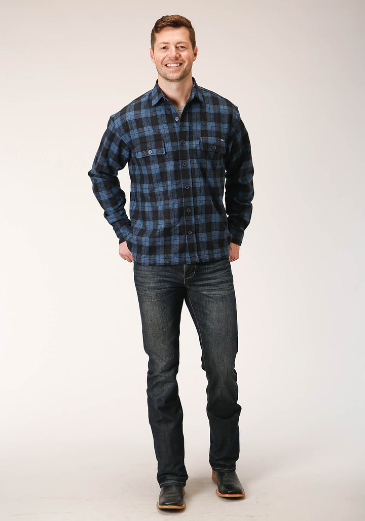 MENS SNAP BLUE PLAID WOOL BLEND SHIRT JACKET